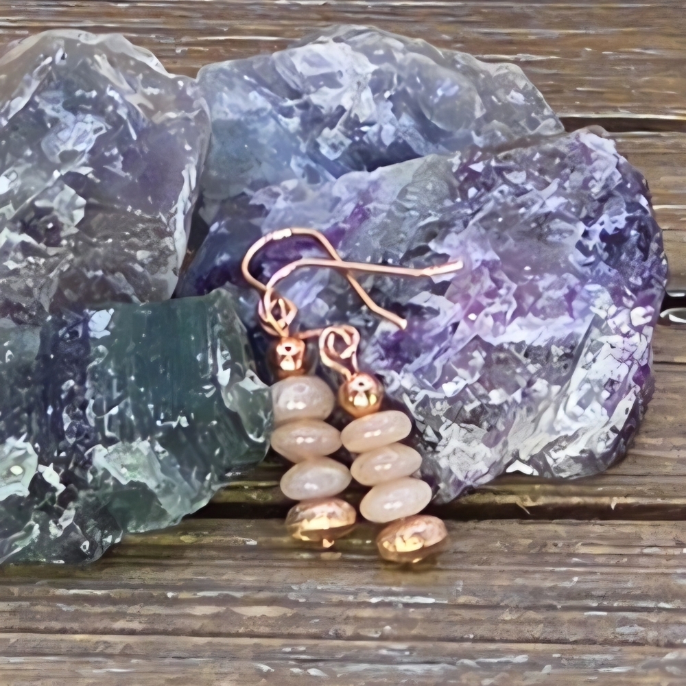 Peach Moonstone and Rose Gold Stacked Earrings